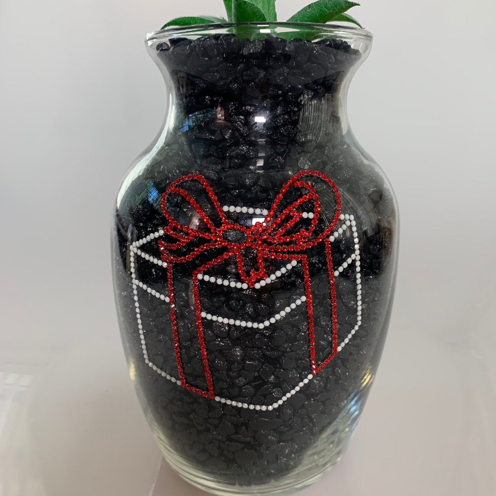 Vase, candle holder 7 in tall. Red, white, green, silver rhinestones. 3 designs.